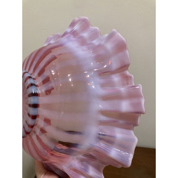 FENTON Cranberry Opalescent Striped Rose Overlay Ruffled Art Brides Bowl - Picture 13 of 16